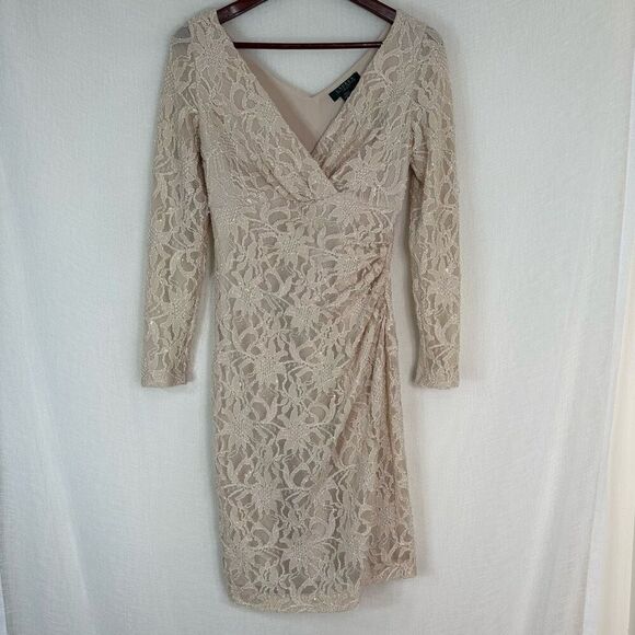 Lauren Ralph Lauren Champagne Sequin Floral Lace Dress Womens 6 Faux Wrap Glam - Picture 1 of 10